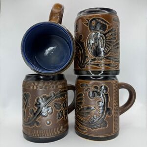 Set of 4 Vintage German Pottery Beer Stein Mugs Bird Floral Em GS Chop‎ signed